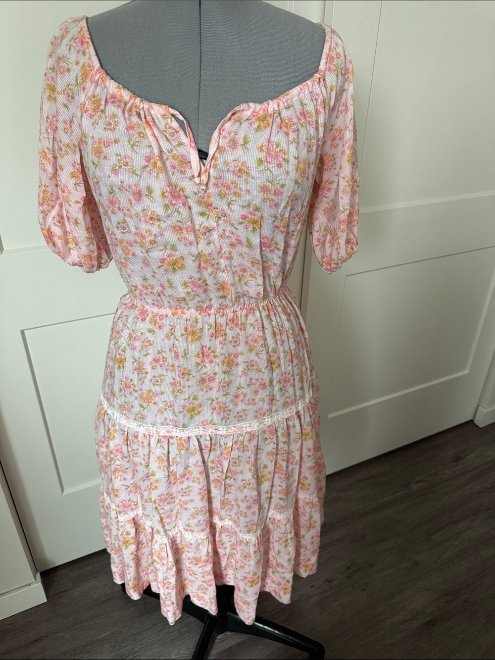 Vintage 70s Pink Floral Peasant Midi Dress